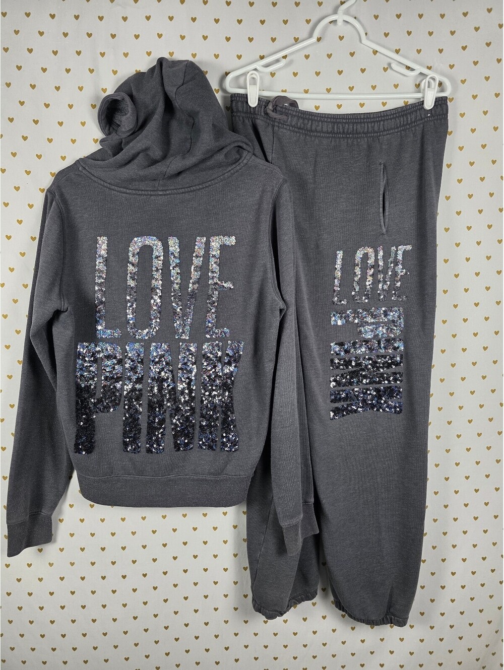 Victoria’s Secret PINK LOVE PINK Sequin BLING Hoodie Jogger Set Gray L